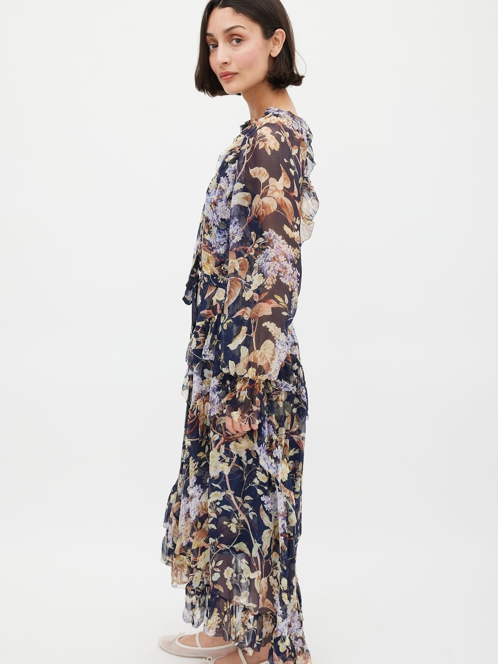 Zimmermann Navy Floral Tiered Tie-Neck Maxi Dress - Picture 5 of 17
